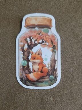 Vinyl Sticker - Red Fox Sitting under a Blossoming Cherry Tree in a Jar
